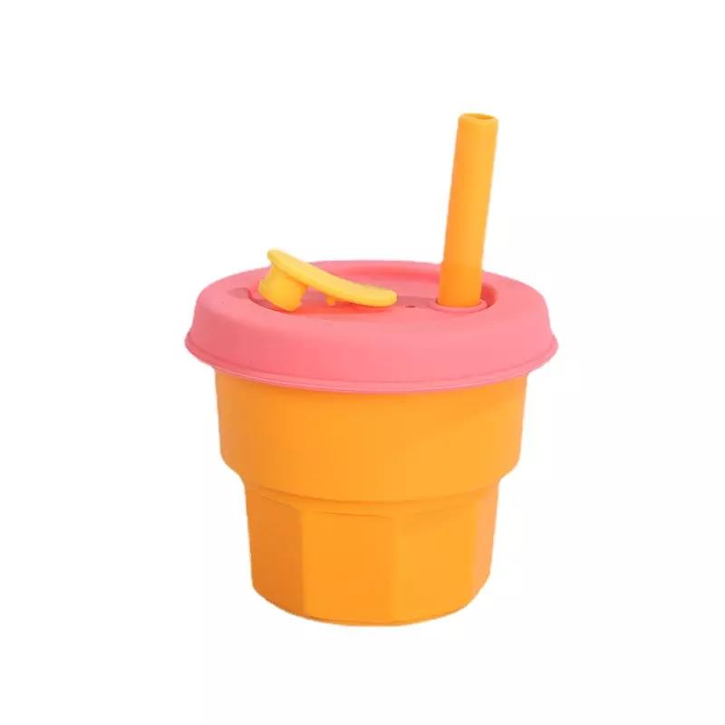 Customized Silicone Straw Cup Non Spill Toddler Collapsible Drink Training Cup Silicone Snack Sippy Cup With Straw
