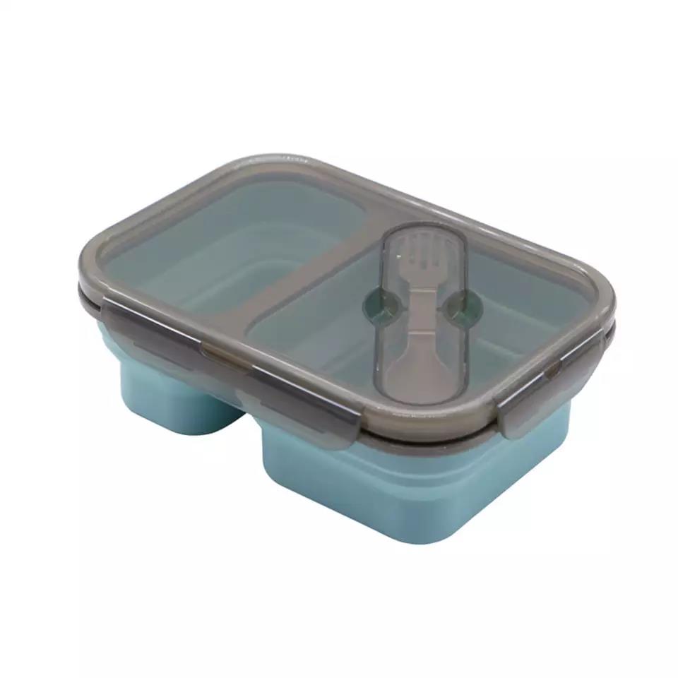 جعبه ناهار دو محفظه سیلیکونی تاشو جعبه قابل حمل نگهداری مواد غذایی جعبه غذاخوری سیلیکونی قابل حمل با چنگال و قاشق